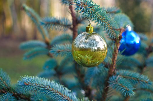 Christmas golden ball decoration ornament. Yellow holiday ball hanging from a green christmas tree twig. New year greeting card.