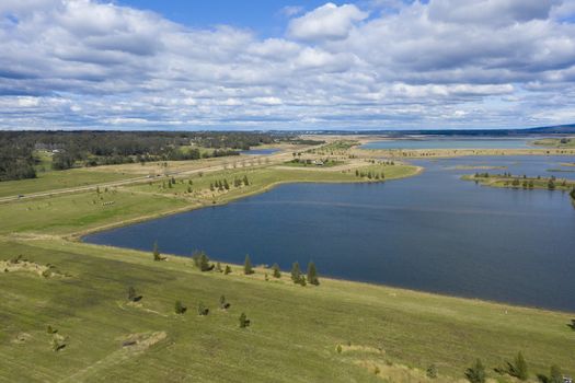 Aerial photograph of a large fresh water reservoir near Castlereagh in New South Wales in Regional Australia