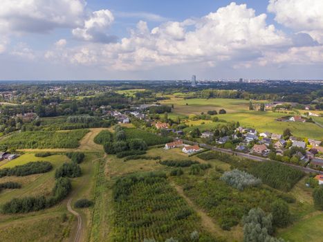 Aerial high angle of De Pinte aerea, agricultural village near Ghent, Belgium. Drone point of view.