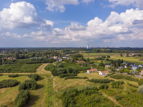 Aerial high angle of De Pinte aerea, agricultural village near Ghent, Belgium. Drone point of view.