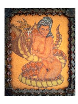 Pet Python hugs woman. Painting of a beautiful brunette woman with snake. abstract background, texture with Small metall shavings. Concept of sexuality