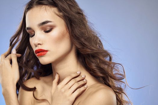 Woman fashionable hairstyle bared shoulders attractive view luxury model student. High quality photo