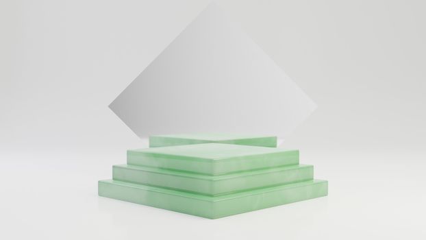 Rhombus jade pedestal steps with mirror isolated on white background. 3d rendered minimalistic abstract background concept for product placement.