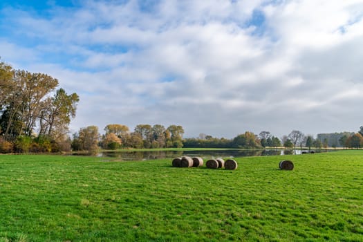 stacks of straw in a field in autumn.