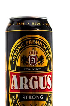 Argus Premium Lager beer. Lild supermarket own brand beer. Studio photo shoot in Bucharest, Romania, 2020