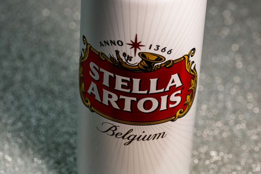 Great Belgium beer - Stella Artois. Belgium Premium Lager beer can. Studio photo shoot in Bucharest, Romania, 2020