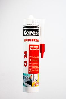 Ceresit sanitary silicone tube for sealing. Building accessories for small housework. Studio photo shoot in Bucharest, Romania, 2020