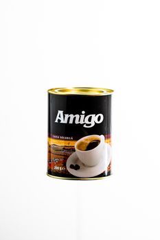 Famous Romanian instant coffee brand Amigo in a metal can. Coffee photo taken in Bucharest, Romania, 2020