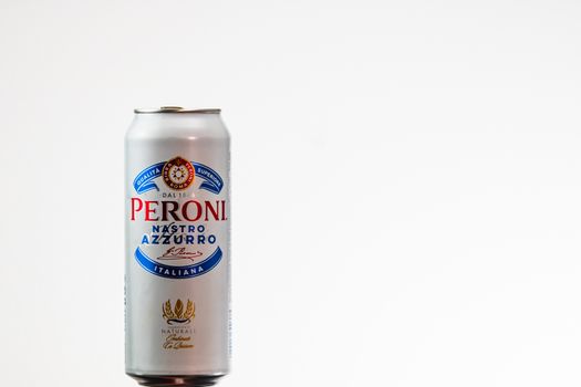 Peroni Nastro Azzurro, a premium lager beer produced since 1963 by Peroni Brewery located in Rome, Italy. Studio photo shoot in Bucharest, Romania, 2020