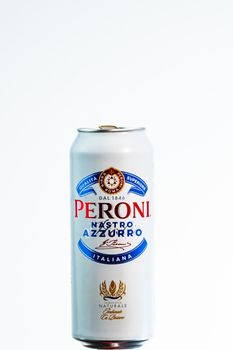 Peroni Nastro Azzurro, a premium lager beer produced since 1963 by Peroni Brewery located in Rome, Italy. Studio photo shoot in Bucharest, Romania, 2020