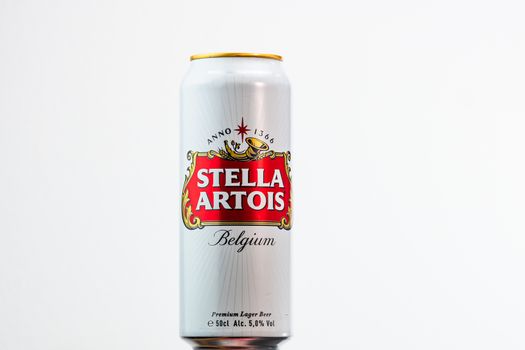 Great Belgium beer - Stella Artois. Belgium Premium Lager beer can. Studio photo shoot in Bucharest, Romania, 2020