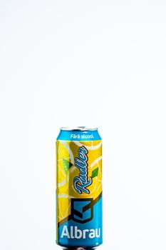 Albrau Radler Beer from Romanian local brewery isolated. Detail photo of beer can in Bucharest, Romania, 2020