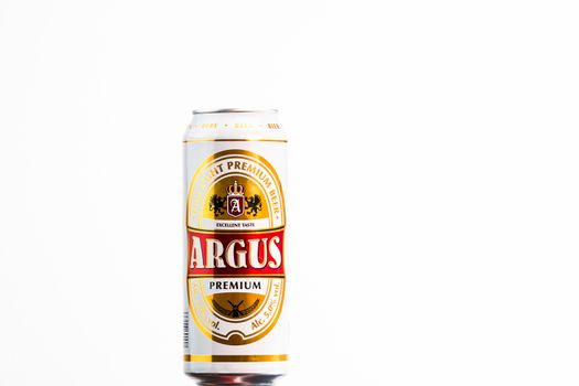 Argus Premium Lager beer. Lild supermarket own brand beer. Studio photo shoot in Bucharest, Romania, 2020