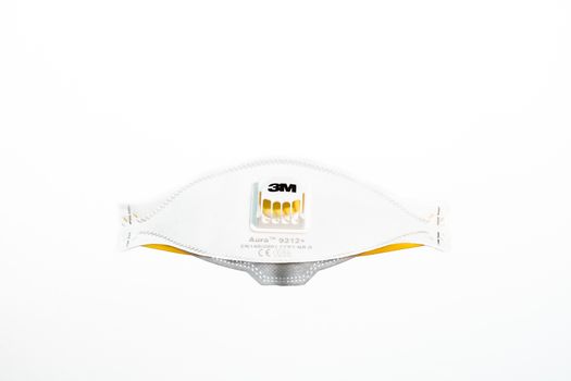 3M Aura filtering respirator face mask. Isolated medical mask in Bucharest, Romania, 2020