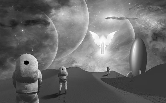 Astronauts on alien planet and their rocket ship greeted by angelic glowing winged figure. 3D rendering