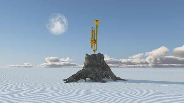 Horn in desert stump. 3D rendering