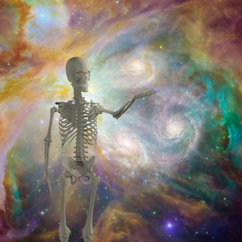 Skeleton holds light in deep space. 3D rendering