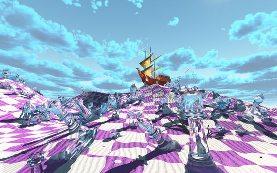 Vividly hued surreal checker board desert scene. 3D rendering