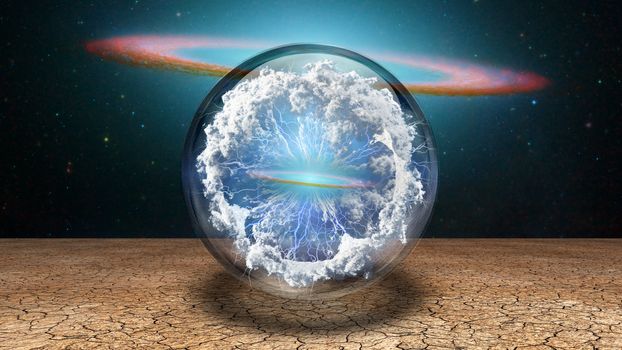 Surrealism. Splash of clouds and lightnings inside crystal ball. Galaxy disk on a background. 3D rendering