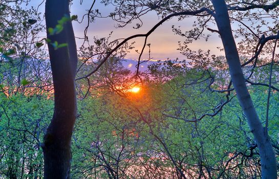 Beautiful and romantic sunset at a lake in stunning yellow and orange colors