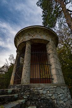 Viewpoint at the temple of the military cemetery in the Danube valley near Beuron in autumn with a view of the monastery and the colorful valley