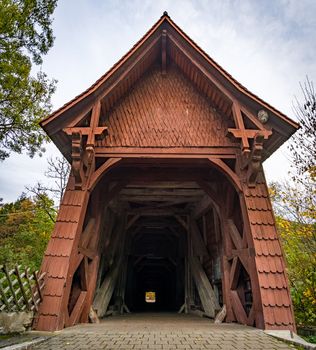 Historic wooden bridge at the hiking trail near the Beuron monastery in the Danube valley in the Sigmaringen district