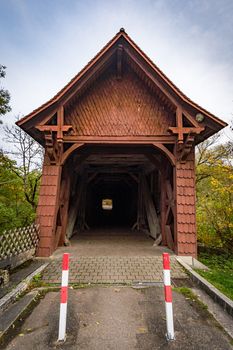 Historic wooden bridge at the hiking trail near the Beuron monastery in the Danube valley in the Sigmaringen district