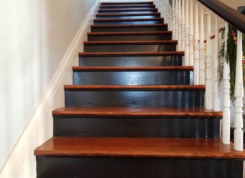 black and brown wood stairs or steps with white railing