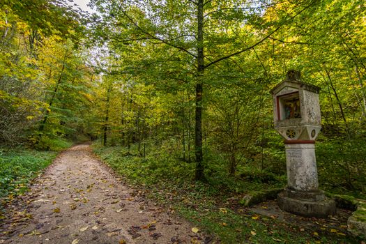 Holy Way of the Cross to the Lourdes Grotto, a pilgrimage site to the Chapel of the Mariengrotte in the Liebfrauental in the Danube Valley near Beuron