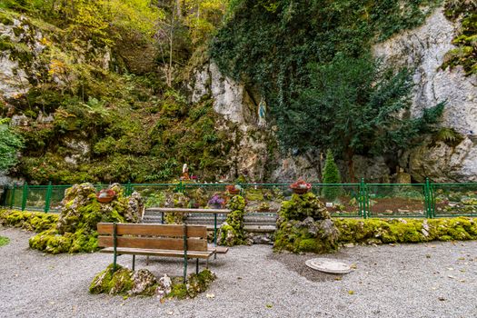 Holy Way of the Cross to the Lourdes Grotto, a pilgrimage site to the Chapel of the Mariengrotte in the Liebfrauental in the Danube Valley near Beuron