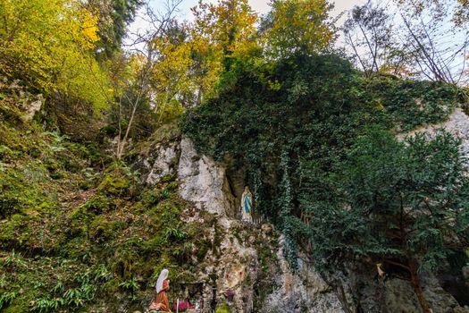 Holy Way of the Cross to the Lourdes Grotto, a pilgrimage site to the Chapel of the Mariengrotte in the Liebfrauental in the Danube Valley near Beuron