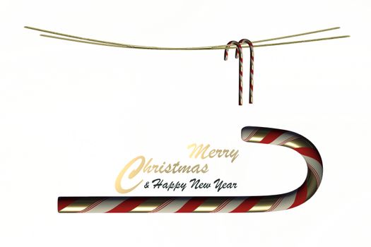 Christmas holiday New Year background on white. Symbol of Xmas. Candy canes over white. Text Merry Christmas Happy New Year. Copy space, isolated, border, header. 3D render