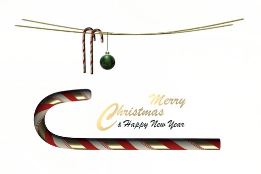 Christmas festive New Year background border on white. Symbol of Xmas. Candy canes over white. Text Merry Christmas Happy New Year. Copy space, isolated, border, header. 3D render