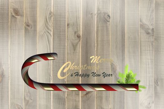 Minimalist Christmas New Year design on wooden background. Candy cane, fir branches, golden text Merry Christmas Happy New Year on old wooden board. Copy space, place for text. Horizontal. 3D render