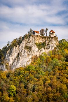 Colorful view of Bronnen Castle on the hiking trail in autumn in the Danube Valley near Beuron in the Sigmaringen district