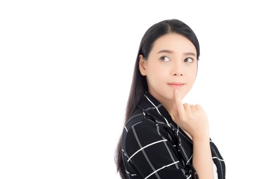 Portrait of asian woman thinking and holding touch mouth with hand, Beautiful girl use idea and with excited and surprise isolated on white background, Expressive facial.