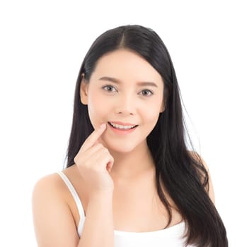 Portrait of beautiful woman asian makeup of cosmetic, girl hand touch lips and mouth and smile attractive, face of beauty perfect with wellness isolated on white background with skin healthcare concept.