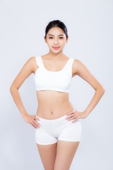 Portrait young asian woman smiling beautiful body diet with fit isolated on white background, model girl weight slim with cellulite or calories, health and wellness concept.