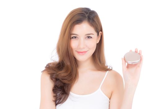 Portrait of beautiful asian woman applying powder puff at cheek makeup of cosmetic, beauty of girl with face smile isolated on white background, wellness and healthcare concept.