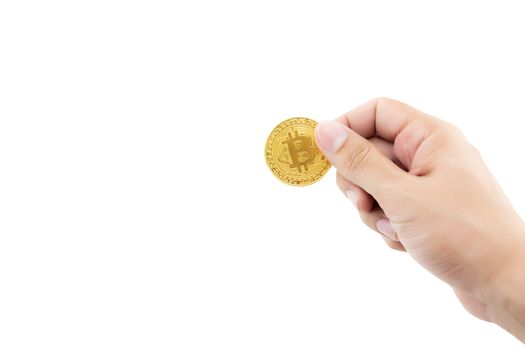 Closeup hand holding gold bitcoin isolated on white background, Digital currency money trading with cryptocurrency, coin with profit, finance concept.