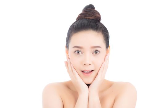 Portrait of asian woman surprise hold cheek with hand, Beautiful girl with presenting your product with excited and surprise isolated on white background, Expressive facial.