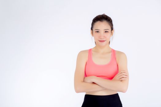 Beautiful portrait young asian woman in sport clothing with satisfied and confident isolated on white background, girl asia have shape and wellness, exercise for fit with health concept.