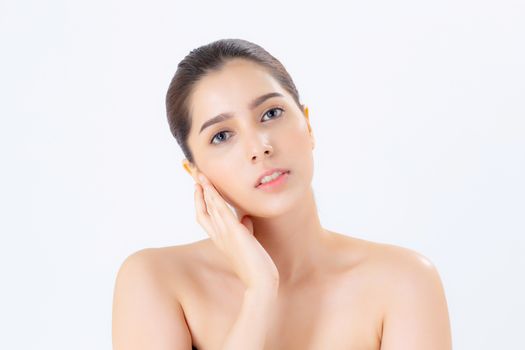 Portrait of beautiful woman asian makeup of cosmetic, girl hand touch cheek and smile attractive, face of beauty perfect with wellness isolated on white background with skin healthcare concept.