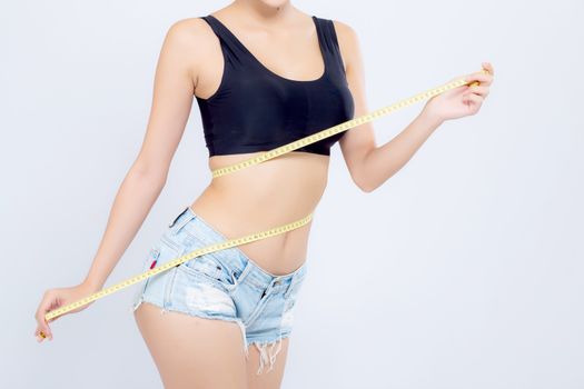 Asian woman diet and slim with measuring waist for weight isolated on white background, girl have cellulite and calories loss with tape measure, health and wellness concept.
