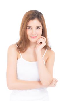 Portrait of beautiful woman asian makeup of cosmetic, girl hand touch cheek and smile attractive, face of beauty perfect with wellness isolated on white background with skin healthcare concept.