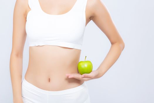 Beautiful body woman sexy slim holding green apple with cellulite for wellness, girl with fitness for weight loss and healthy isolated on white background, healthcare and diet concept.
