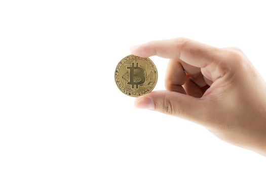Closeup hand holding gold bitcoin isolated on white background, Digital currency money trading with cryptocurrency, coin with profit, finance concept.