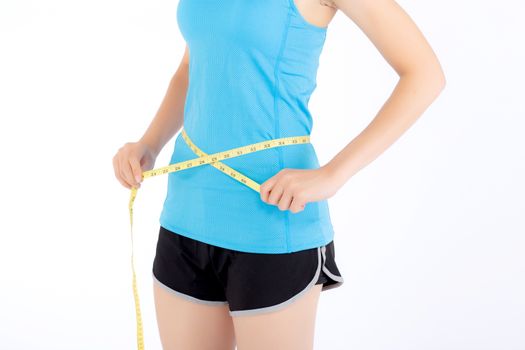 Asian woman in sport clothes and body slim with measuring waist for weight isolated on white background, girl exercise have cellulite and calories loss with tape measure, health and wellness concept.