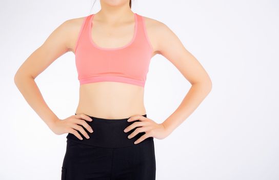 Closeup asian woman wear sport clothes beautiful body diet with fit isolated on white background, model girl exercise for weight slim with cellulite or calories, health and wellness concept.