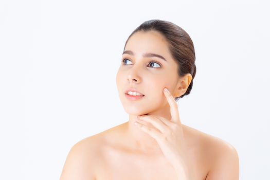 Portrait of beautiful woman asian makeup of cosmetic, girl thinking and smile attractive, face of beauty perfect with wellness isolated on white background with skin healthcare concept.
